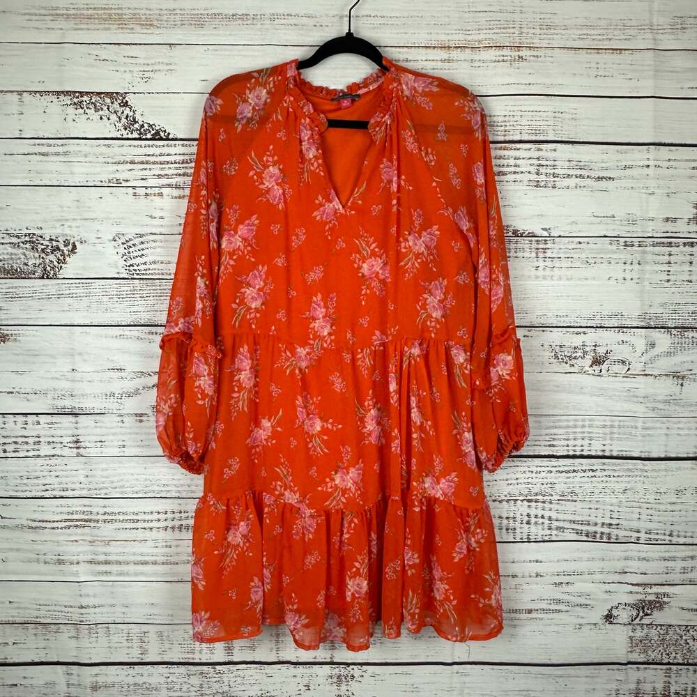Vince Camuto Orange Floral Tiered Flowy Midi Dress Sheer Long Sleeve Womens M